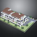 Multi Story Residential Building With Red Roof White Exterior And Landscaped Parking Area