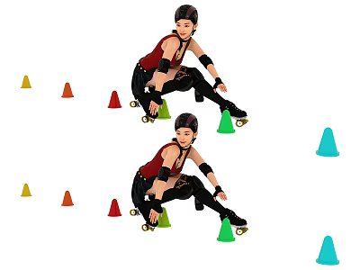 Woman Performing Roller Skating Maneuvers Around Colorful Cones During Practice Session 3d model
