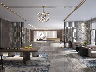Elegant Hotel Lobby Interior With Chandelier Marble Walls Reception Desk And Sofas 3d model