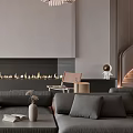 Modern Luxury Living Room Interior With Gray Sectional Sofa Artistic Chandelier And Fireplace Decor