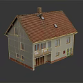 Colorful Cartoon Scene with a House Red Roof Beige Walls Chimney Balcony Windows and Reflection