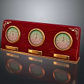 Wooden Household Measuring Device With Three Dials Gold Accents And Decorative Labels
