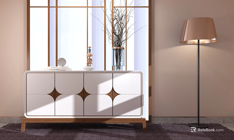 Modern White And Wood Entryway Console Table With Vase Branches And Floor Lamp Near Window 3d model 