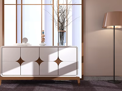 Modern White And Wood Entryway Console Table With Vase Branches And Floor Lamp Near Window 3d model