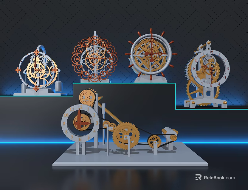 Intricate Mechanical Clocks With Gear Mechanisms And Ornate Designs On 3d model 