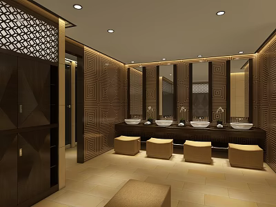 Elegant Public Toilet Interior With Multiple Sinks Large Mirrors And Beige Stools 3d model