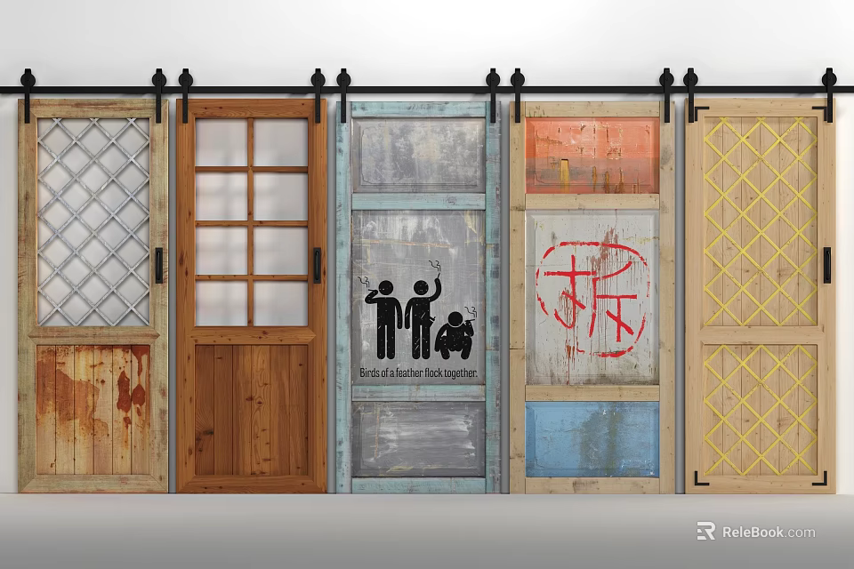 Various Style Sliding Barn Doors With Wooden Glass Panels And Decorative Graffiti 3d model 