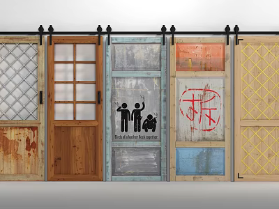 Various Style Sliding Barn Doors With Wooden Glass Panels And Decorative Graffiti 3d model