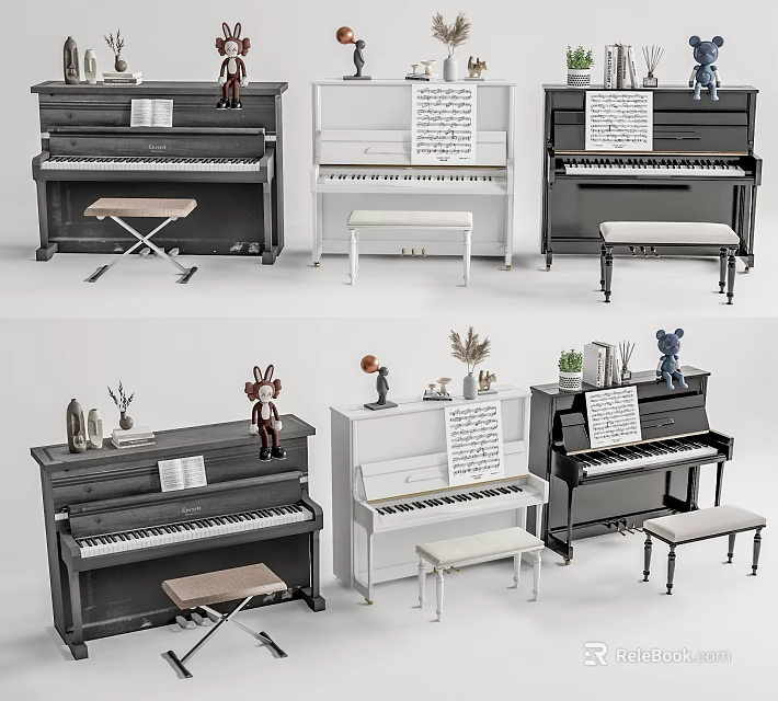Colorful Musical Instruments And Art Supplies With Pianos Stools Music Sheets And Figurines 3d model 