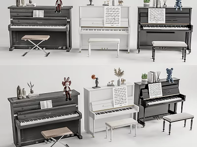 Colorful Musical Instruments And Art Supplies With Pianos Stools Music Sheets And Figurines 3d model