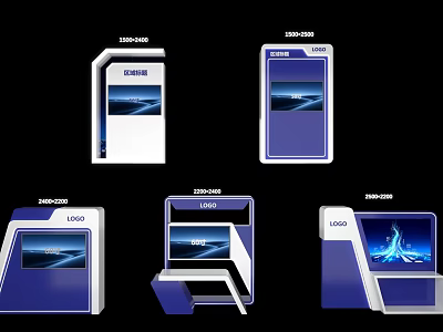 Modern Blue And White Display Shelves With Various Designs LOGO And Screen 3d model