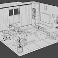Cartoon Room Scene with Desk Computer Sofa TV Bookshelf Clock and Potted Plant