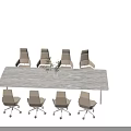 Modern Marble Conference Table With Beige Rolling Chairs And Potted Plant Centerpiece