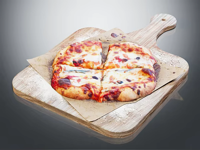 Delicious Sliced Pizza on Wooden Board with Tomato Sauce Melted Cheese Olives on Parchment Paper 3d model