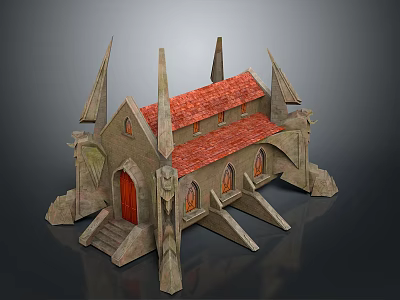 Church Style Stone Building Model With Red Roof Spires Arched Windows And Red Door 3d model
