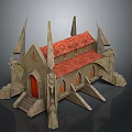 Church Style Stone Building Model With Red Roof Spires Arched Windows And Red Door