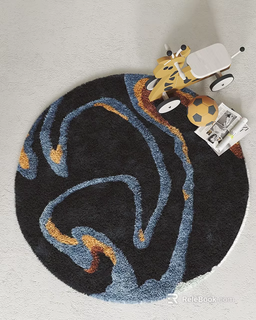 Round Black Area Rug Featuring Blue Orange Swirls Near Toy Car Soccer Ball 3d model 