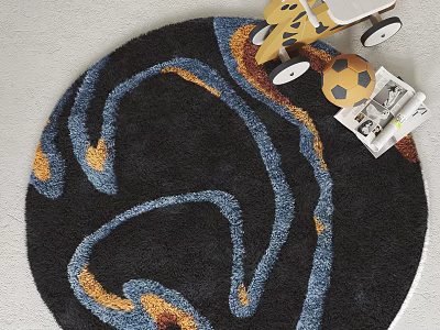 Round Black Area Rug Featuring Blue Orange Swirls Near Toy Car Soccer Ball 3d model