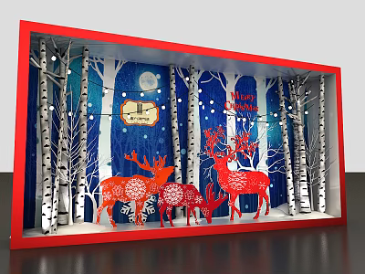 Festive Holiday Window Display With Red Deer Snowflake Patterns Birch Trees Moon And Happy Holidays 3d model