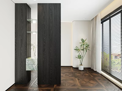 Modern Wooden Entryway Cabinet Sideboard With Glass Shelves Marble Top On Wooden Floor 3d model