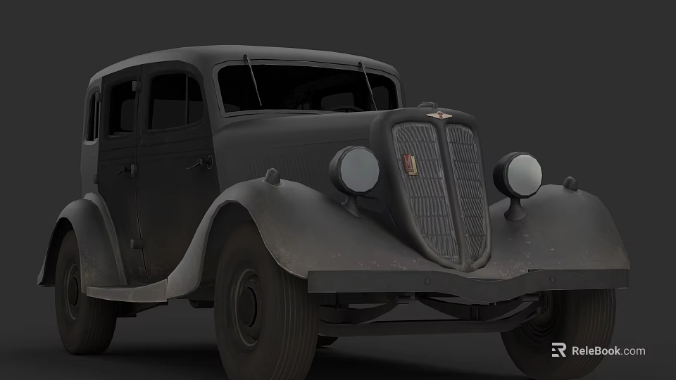 Vintage Black Classic Car Front View With Round Headlights And Grille 3d model 