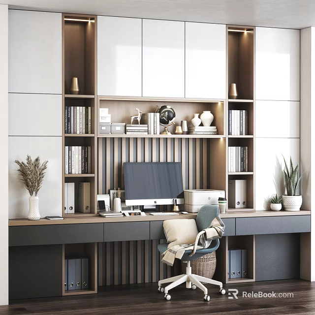 Modern Home Office Desk With Bookshelves Computer Monitor Decorative Items And Green Plants 3d model 