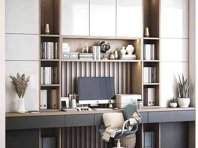 Modern Home Office Desk With Bookshelves Computer Monitor Decorative Items And Green Plants 3d model