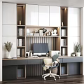 Modern Home Office Desk With Bookshelves Computer Monitor Decorative Items And Green Plants