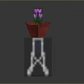 Potted Pink Flowers In Red Pots On White Metal Stands With Gray Background And Reflective Floor