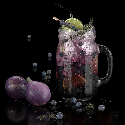 Mason Jar With Purple Berry Drink Ice Cubes Lime Thyme Figs And Blueberries On Black 3d model