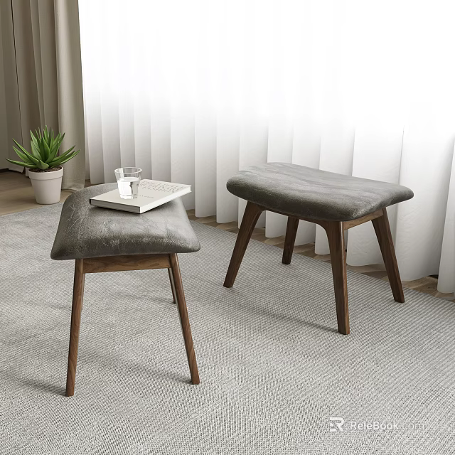 Modern Upholstered Stools With Gray Cushions And Wooden Legs In Living Room 3d model 