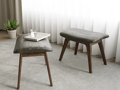 Modern Upholstered Stools With Gray Cushions And Wooden Legs In Living Room 3d model