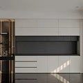 Modern White Black Sideboard with Marble Countertop LED Strip Lights Display Shelves in Bright Interior