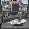 Plush Gray Tufted Sofa and Oval White Marble Coffee Table Set with Feather Chandelier