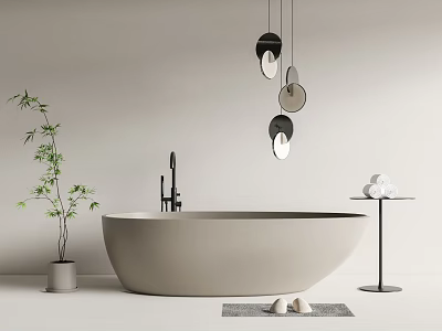 White Freestanding Bathtub With Small Potted Plant Three Black Circular Pendant Lights Above And Gray Rug 3d model