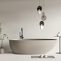 White Freestanding Bathtub With Small Potted Plant Three Black Circular Pendant Lights Above And Gray Rug
