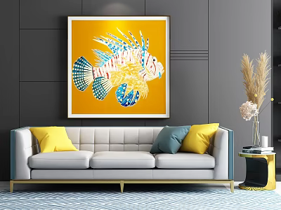 Three Seater Sofa With Yellow Blue Cushions Against Dark Gray Wall And Yellow Fish Painting 3d model