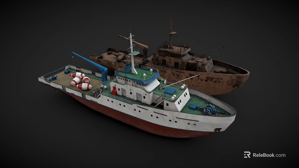 Two Ships Including Modern White Vessel With Crane Lifebuoys And Old Rusty Brown Boat 3d model 