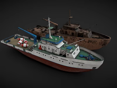 Two Ships Including Modern White Vessel With Crane Lifebuoys And Old Rusty Brown Boat 3d model