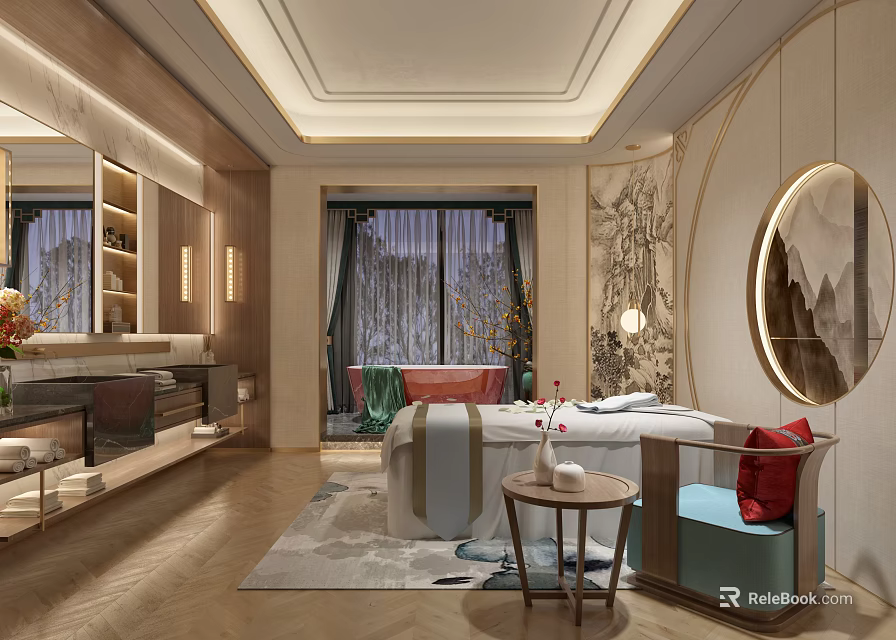 Tranquil SPA Sauna Retreat With Massage Table Greenery Soft Lights And Wooden Accents 3d model 
