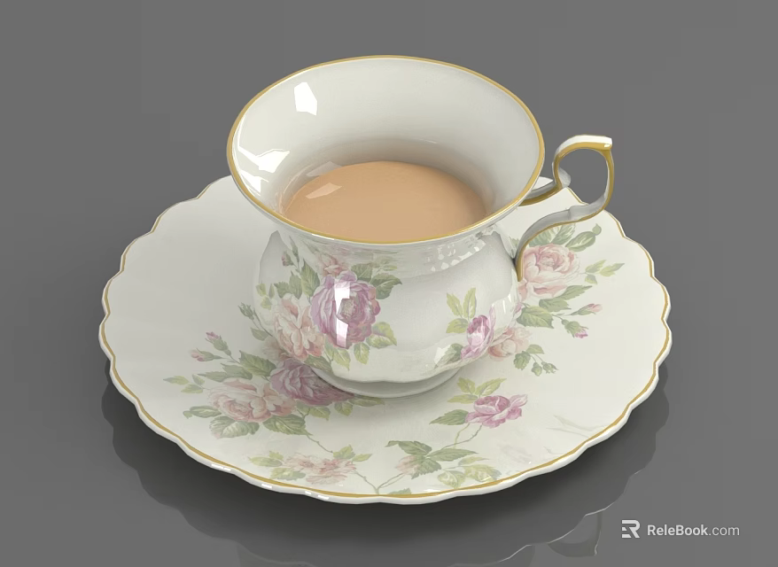 Decorative Floral Pattern Cup With Gold Rim And Matching Saucer Holding Light Brown Liquid 3d model 