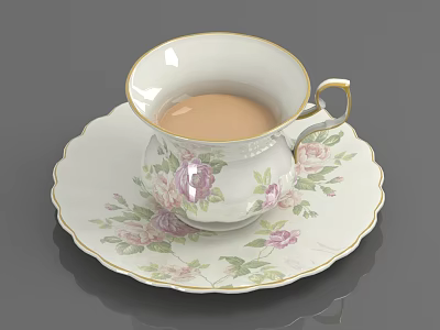 Decorative Floral Pattern Cup With Gold Rim And Matching Saucer Holding Light Brown Liquid 3d model