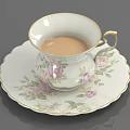 Decorative Floral Pattern Cup With Gold Rim And Matching Saucer Holding Light Brown Liquid