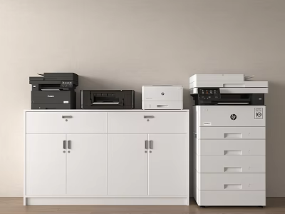 Modern Essential Office Appliances Including Printers And Copiers On White Cabinet Beside Filing Cabinet 3d model