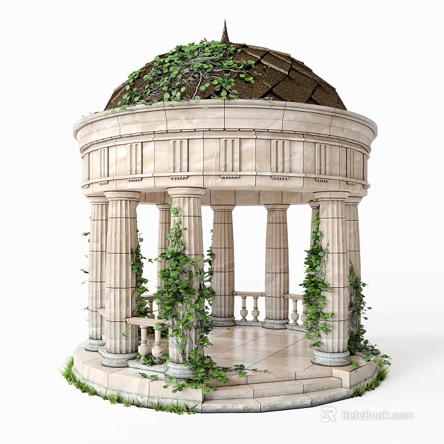 Stone Dome Structure With Columns And Climbing Green Vines Around It 3d model 