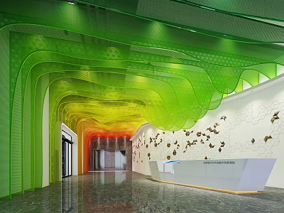 Modern Style Lobby Reception Desk With Green Wavy Ceiling And Butterfly Decorations 3d model