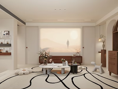 Modern Living Dining Room With Projection Screen Scenic View Coffee Table Wavy Rug And Decor 3d model
