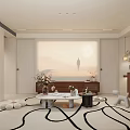Modern Living Dining Room With Projection Screen Scenic View Coffee Table Wavy Rug And Decor