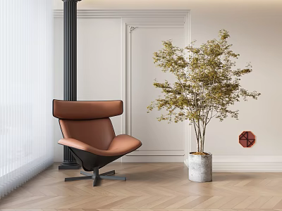 Brown Lounge Chair with Black Base near Green Plant on Light Wooden Floor 3d model