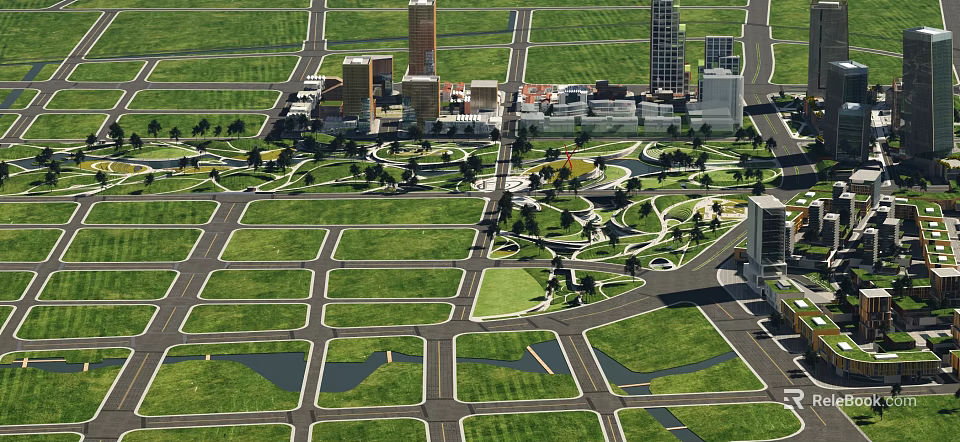 Aerial Urban Planning With Road Networks Green Spaces And Modern Buildings 3d model 